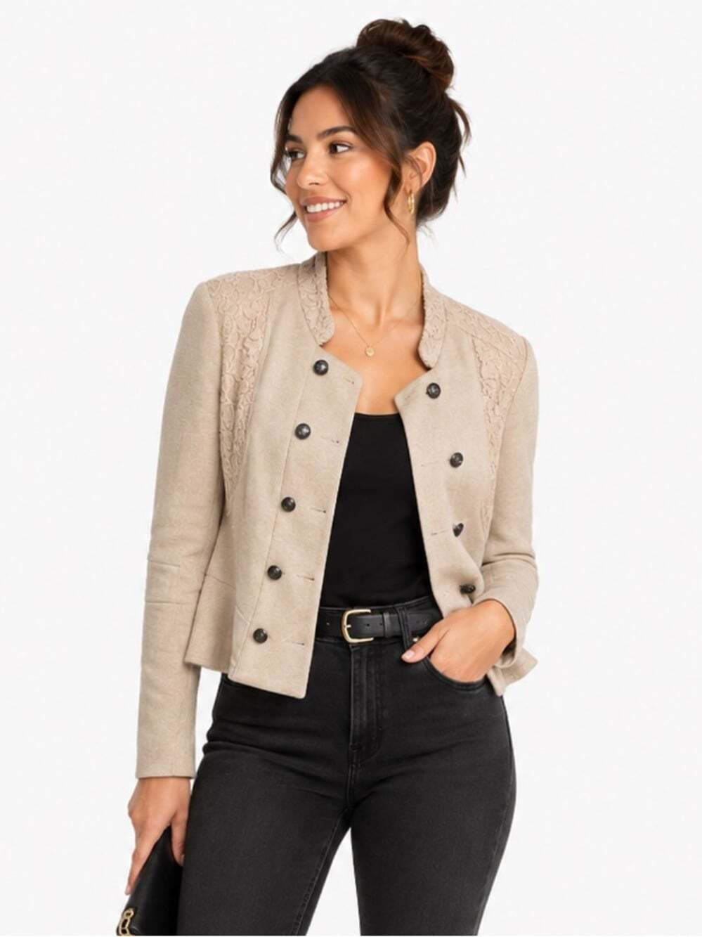 Free People We The Free Womens Military Jacket Lace Cropped Cream Lace Button